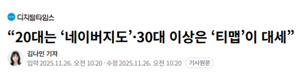 image.png “20대는 ‘네이버지도’·30대 이상은 ‘티맵’이 대세”